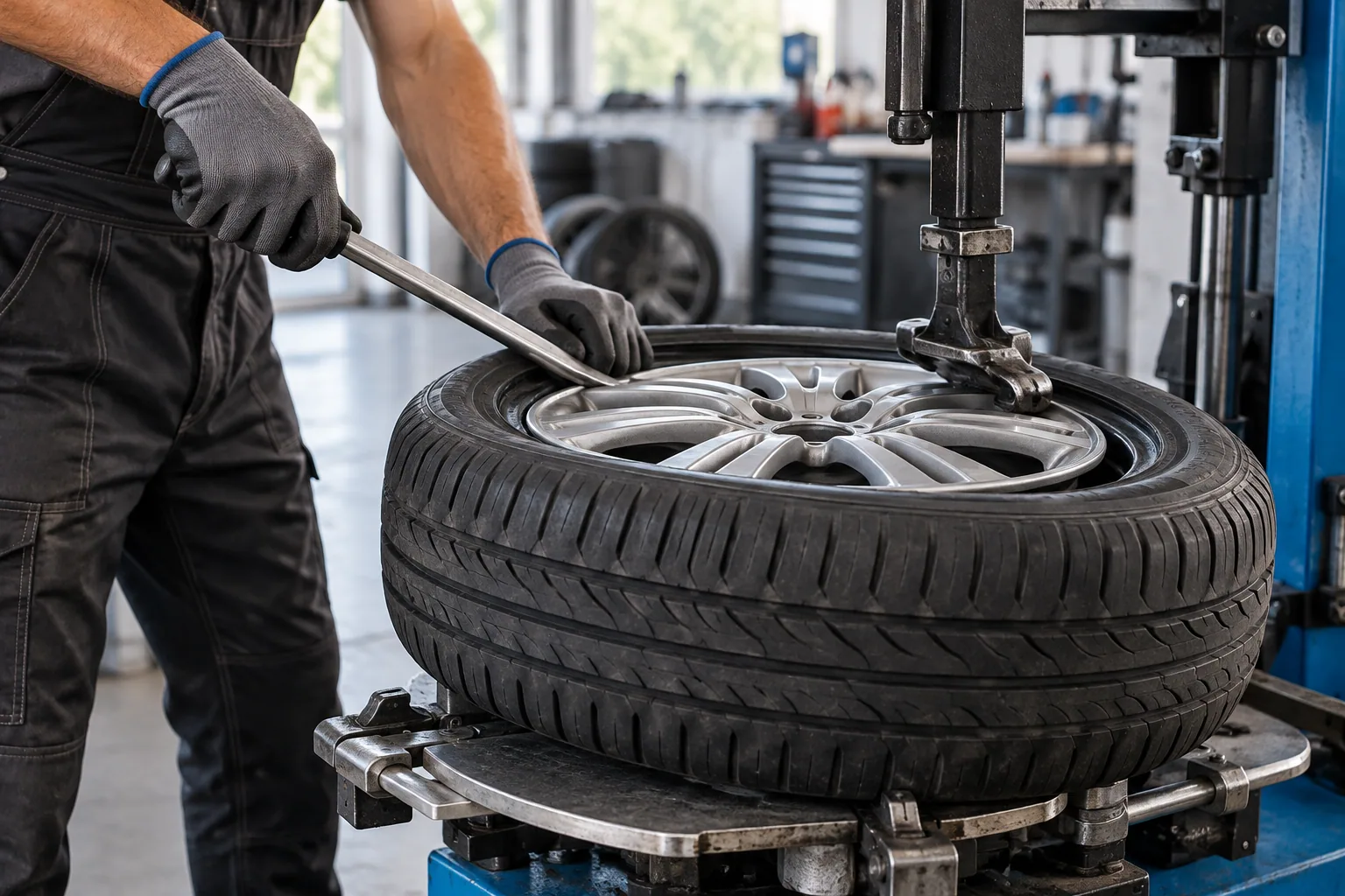 Ilustracija vulkanizera koji montira automobilsku gumu na aluminijski naplatak u radionici